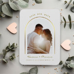 Magnet Flexible Gold Arched Frame Wedding Photo Save the Date<br><div class="desc">Objets de design a gorgeous golden arched frame for your best Save Our Date Photo, with a thin calligraphy script, against a wedding cream color background. Easily customize with names, date, location of choice. Idéal pour tout le monde est en train de faire des choses modernes dans tout le monde....</div>