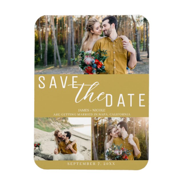 Magnet Flexible Gold Enregistrer la date Mariage 3 photos (Vertical)
