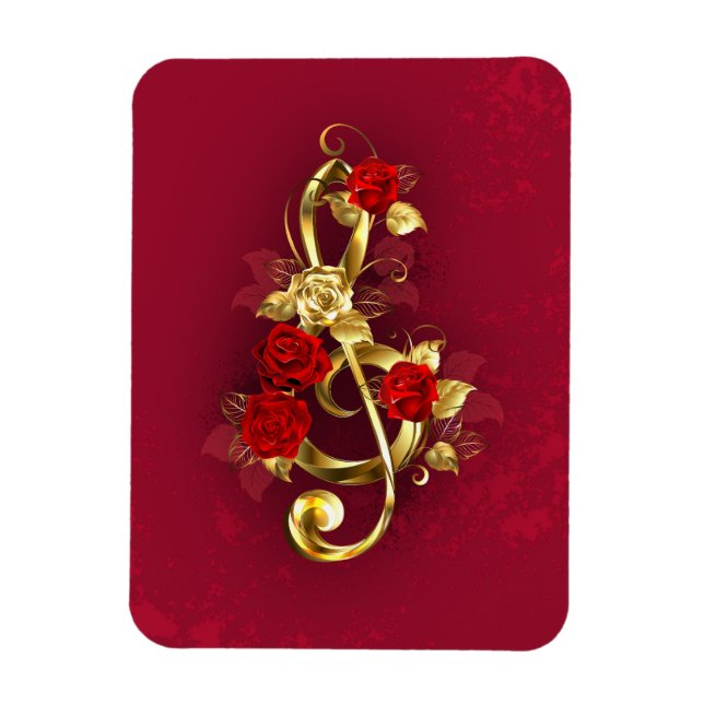 Magnet Flexible Golden Treble Clef avec fleurs Roses (Vertical)
