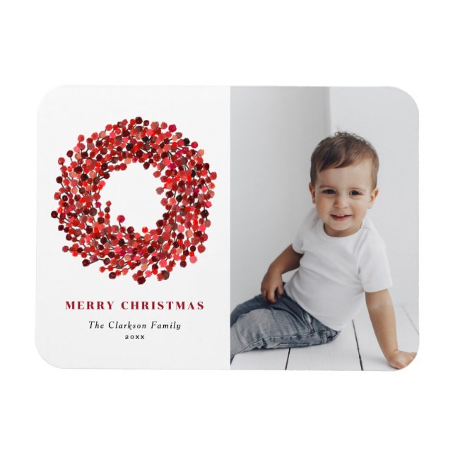 Magnet Flexible Gouache Red Winterberry Wreath Photo Noël (Horizontal)