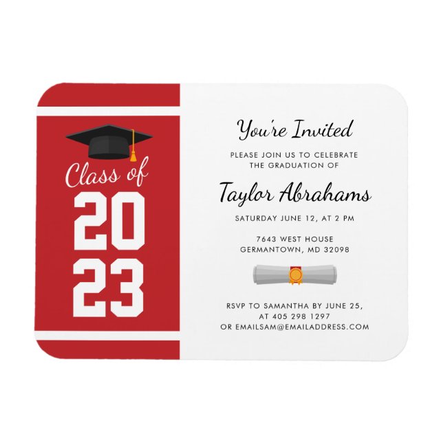 Magnet Flexible Graduate Red White Graduation 2025 Invitation (Horizontal)