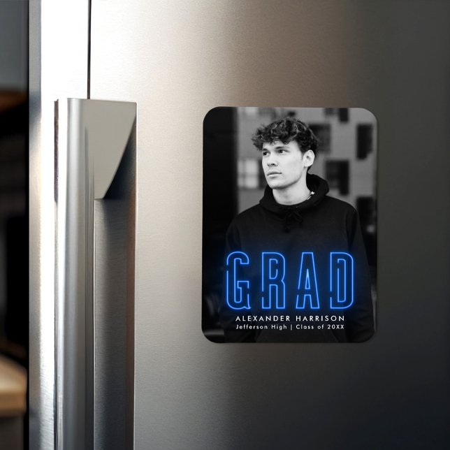 Magnet Flexible Graduation photo verticale moderne en néon bleu (Créateur téléchargé)
