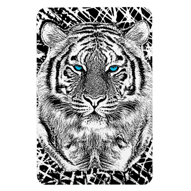 Magnet Flexible Graphique de tigre noir et blanc aux yeux bleus (Vertical)