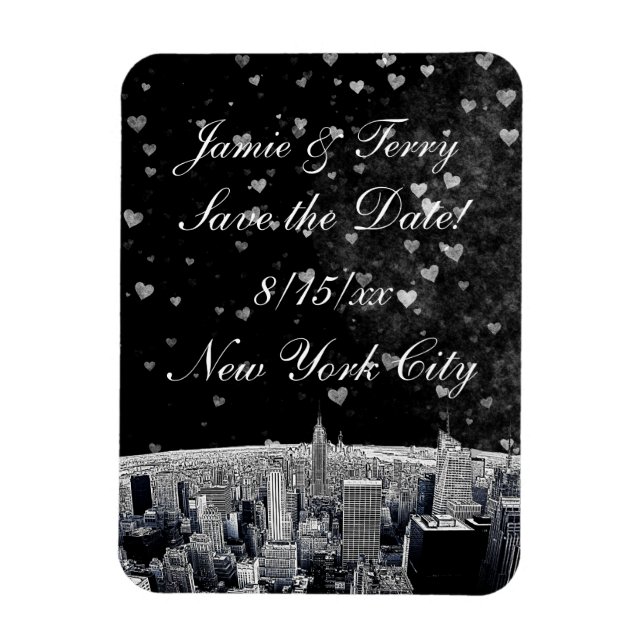 Magnet Flexible Gravure de la skyline de NYC #2 Noir avec cœur Sav (Vertical)