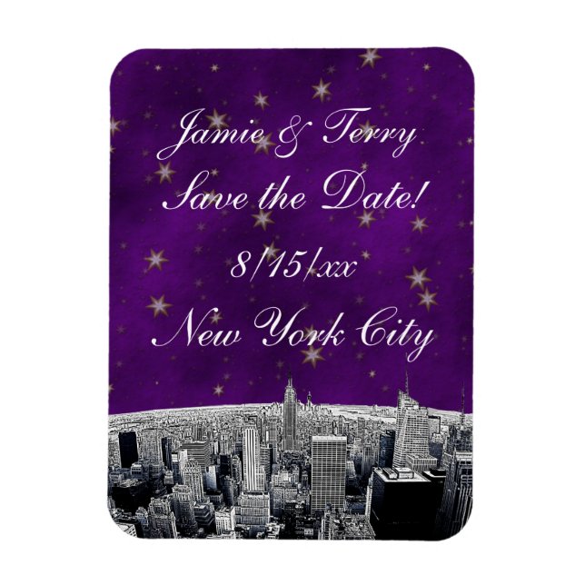 Magnet Flexible Gravure de la skyline de NYC 2 Violet Or Save Date (Vertical)