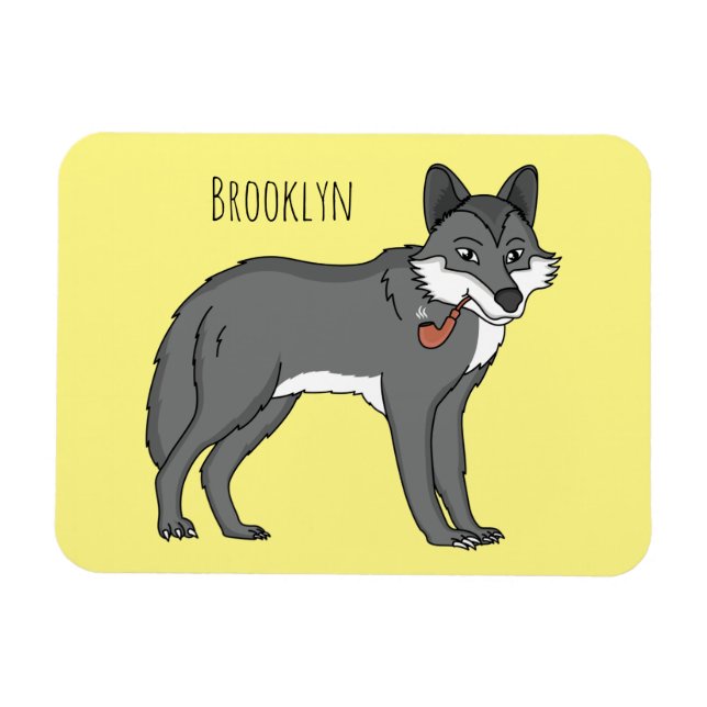 Magnet Flexible Gray wolf with pipe cartoon illustration (Horizontal)