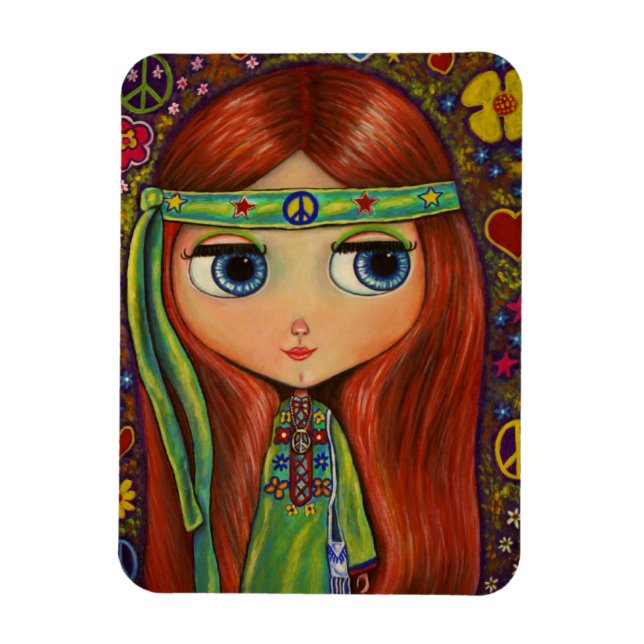 Magnet Flexible Green Hippie Fille Poupée Pouvoir de Paix (Vertical)