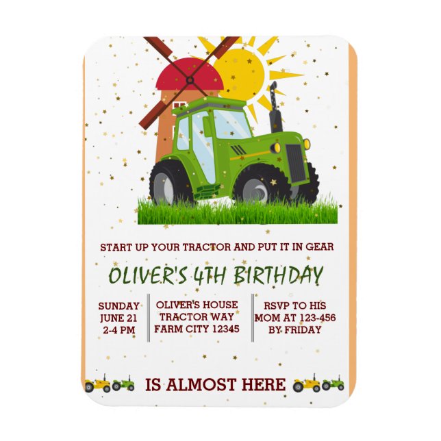 Magnet Flexible Green Tractor Boys Thème Anniversaire Fête (Vertical)