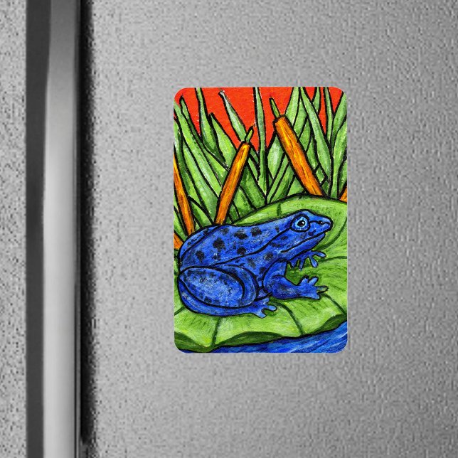 Magnet Flexible Grenouille vive du poison bleu (Vibrant blue poison frog on lily pad tall grass with reeds on rectangle magnet.)