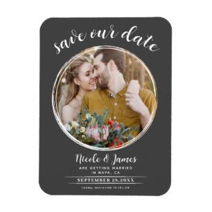 Magnet Flexible Gris & blanc Photo ronde moderne Sauvez la date