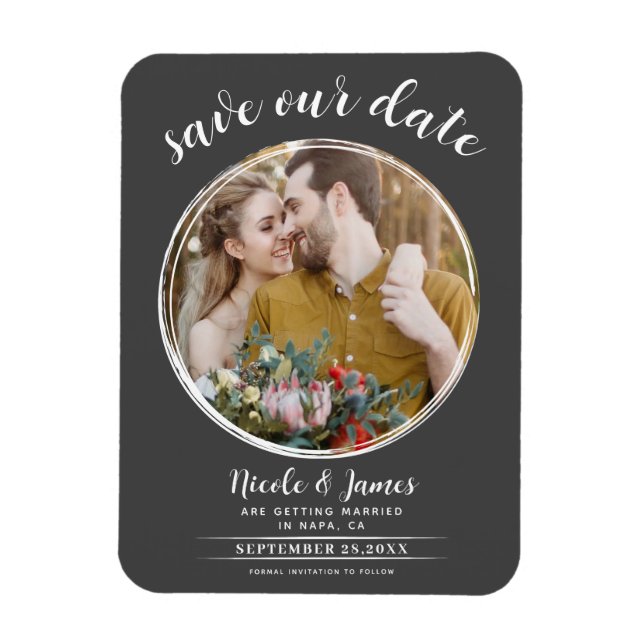 Magnet Flexible Gris & blanc Photo ronde moderne Sauvez la date (Vertical)
