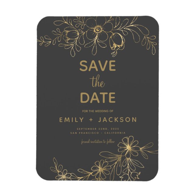 Magnet Flexible Gris moderne Enregistrer la date Floral Gold Foil (Vertical)
