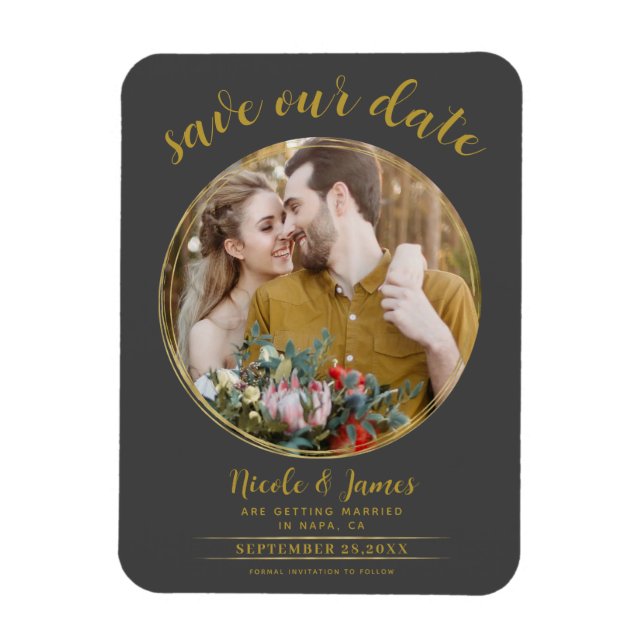 Magnet Flexible Gris & Or Moderne Rond Photo Save the Date (Vertical)