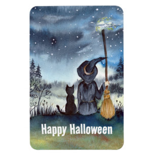 Magnet Flexible Halloween Chat noir et la Sorcière étoile nuit