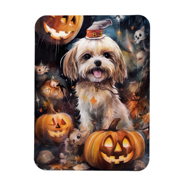 Magnet Flexible Halloween Lhassa Apso Avec Peur Citrouille (Vertical)