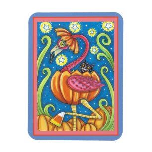 MAGNET FLEXIBLE HALLOWEEN PINK FLAMINGO & BLACK CAT IN PUMPKIN