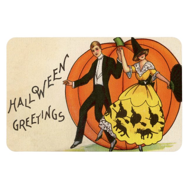 Magnet Flexible Halloween Salutations Danser Couple Citrouille Vin (Horizontal)