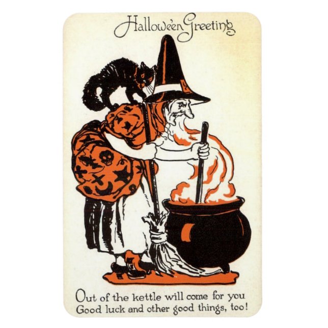 Magnet Flexible Hallowe'en Salutations Witch et Kettle Vintage (Vertical)