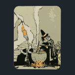 Magnet Flexible Halloween vintage, sorcière avec Cauldron et Chats<br><div class="desc">Illustration vintage Halloween design de vacances avec une méchante sorcière brandissant son brin dans un chaudron dans sa grotte. Elle lit son livre de sorts et potions magiques pendant que ses deux chats noirs regardent.</div>