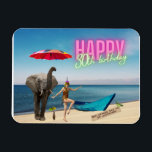 Magnet Flexible Happy 30th Fun & Funky Birthday<br><div class="desc">A 30th birthday is special so why not celebrate with a fun and funky not-so-average greeting that features pretty beach scene with vintage dancer cutout,  an elephant carrying a parasol and "happy 30th birthday" in pink and yellow neon text.</div>