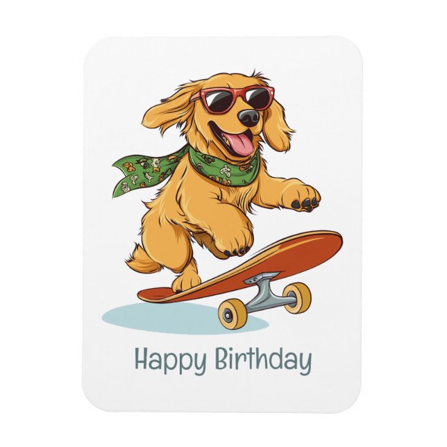 Magnet Flexible Happy Birthday Golden Retriever Dog Skateboarding (Vertical)