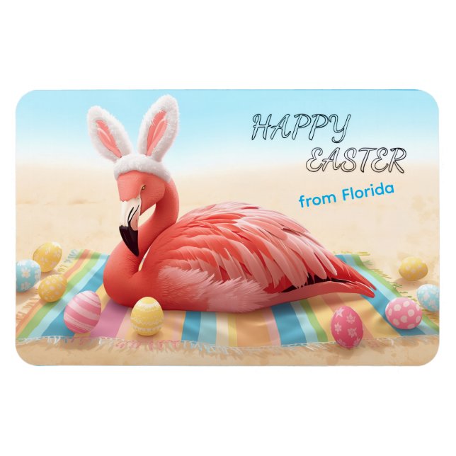 Magnet Flexible Happy Easter from Florida Flamingo Bunny on Beach (Horizontal)