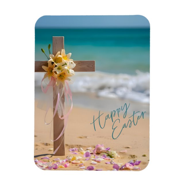 Magnet Flexible Happy Easter Wooden Cross and Lilies on Beach (Vertical)
