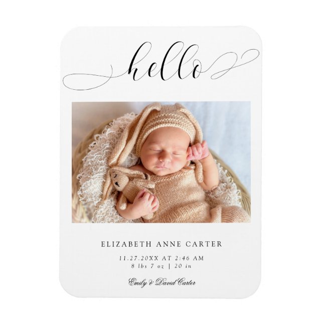 Magnet Flexible Hello new baby Calligraphy Swashes Elegant Minimal (Vertical)