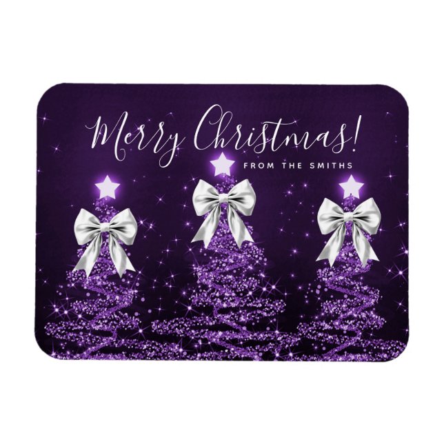 Magnet Flexible Holiday Purple Christmas Trees Greeting Silver  (Horizontal)