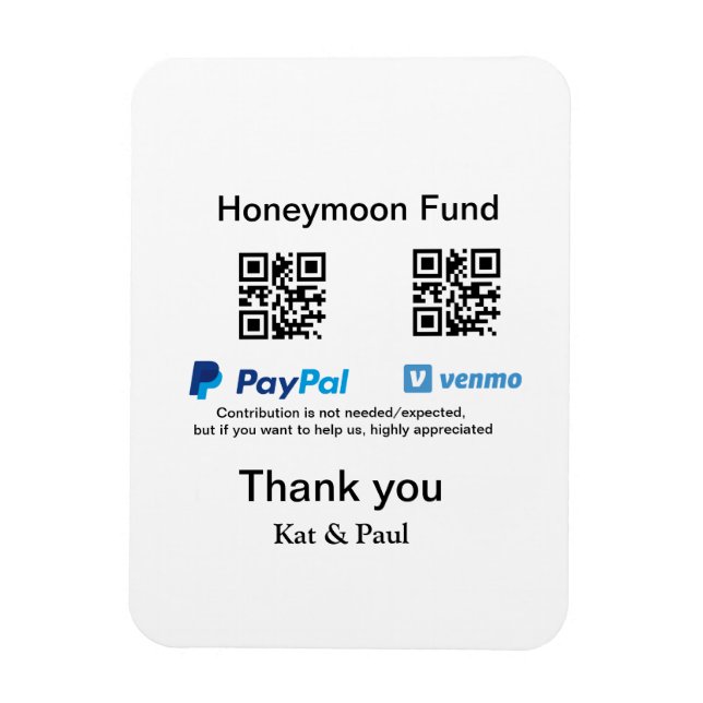 Magnet Flexible Honeymoon Fund PayPal Venmo QR code Merci (Vertical)