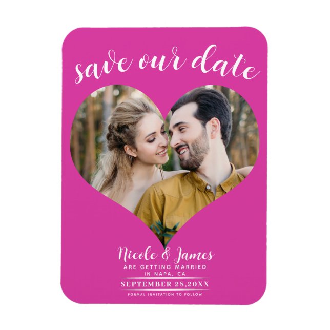 Magnet Flexible Hot rose Coeur photo mariage Enregistrer la date (Vertical)
