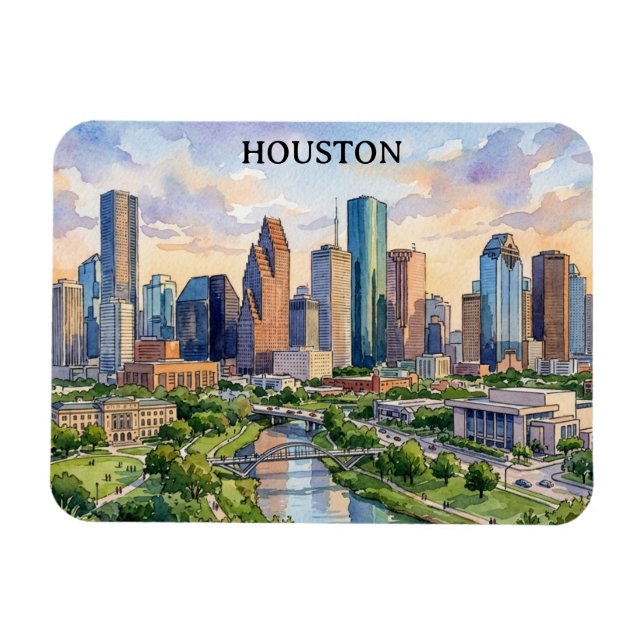 Magnet Flexible Houston Texas Artwork Aquarelle Rétro (Horizontal)