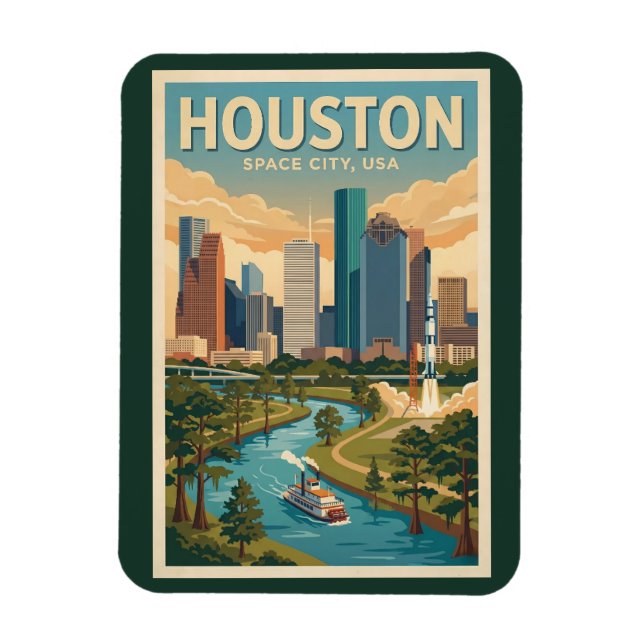 Magnet Flexible Houston Texas Illustration Travel Art Vintage (Vertical)