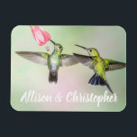 Magnet Flexible Hummingbird Couple Flying Together Personalized<br><div class="desc">Personalized magnet featuring two green-crowned brilliant hummingbirds gracefully flying side by side together and sharing a red flower in a Costa Rican cloud forest. You can easily personalize with a name, a couple's names or other text. Beautiful unique gift for couples, a romantic partner, as well as bird, nature and...</div>