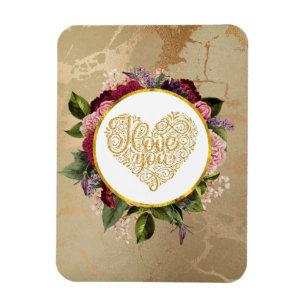 Magnet Flexible I Love You Fancy Golden Heart with Floral Frame