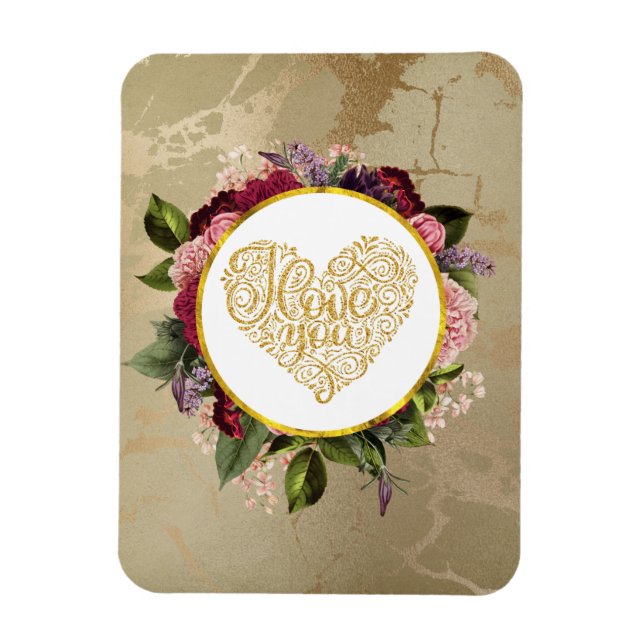 Magnet Flexible I Love You Fancy Golden Heart with Floral Frame (Vertical)