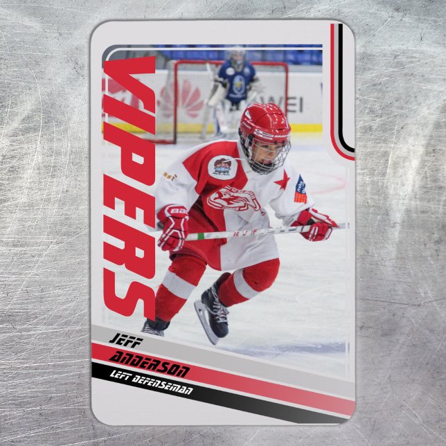 Magnet Flexible Ice Hockey Trading Card (Ice Hockey Trading Card Magnet: Stylish red design on grey with black stripes. Perfect for kids!)
