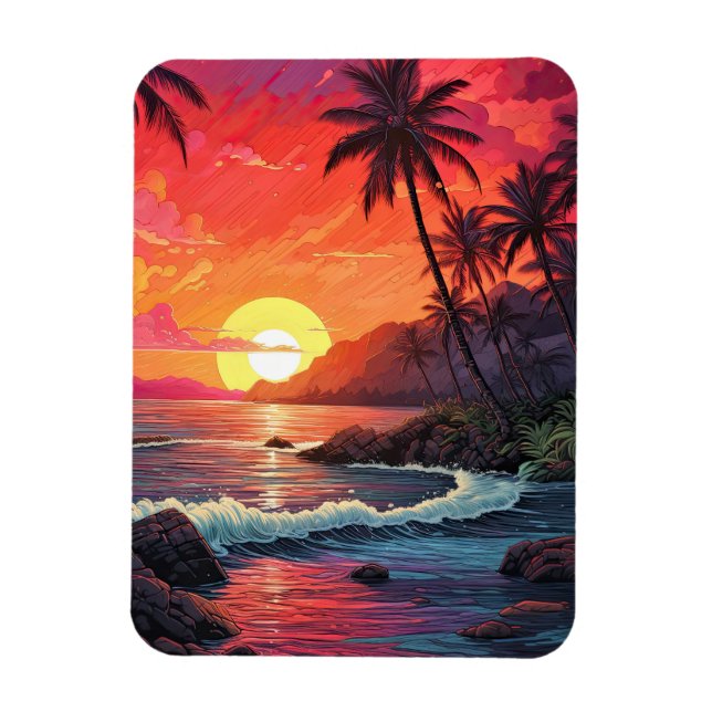 Magnet Flexible Île paradisiaque de la plage tropicale au coucher  (Vertical)
