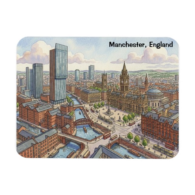 Magnet Flexible Illustration aquarelle de Manchester Angleterre (Horizontal)