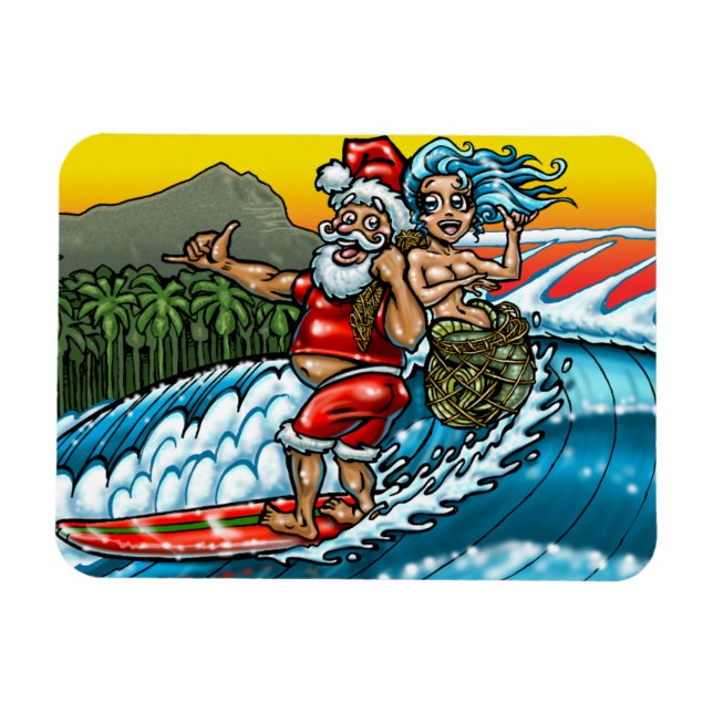 Magnet Flexible Illustration Blue Christmas Hawaiian Surfing Père  (Horizontal)