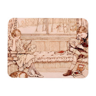 Magnet Flexible Illustration cosy d'enfants lisant de style vintag