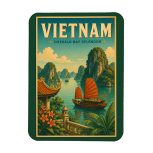 Magnet Flexible Illustration de voyage rétro de la baie d'Ha Long 