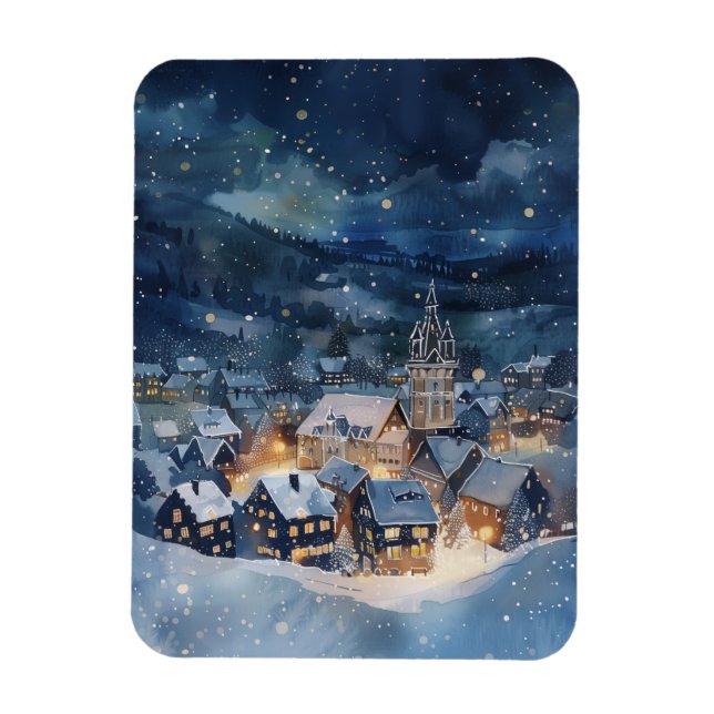 Magnet Flexible Illustration du ciel nocturne Village dans la neig (Vertical)
