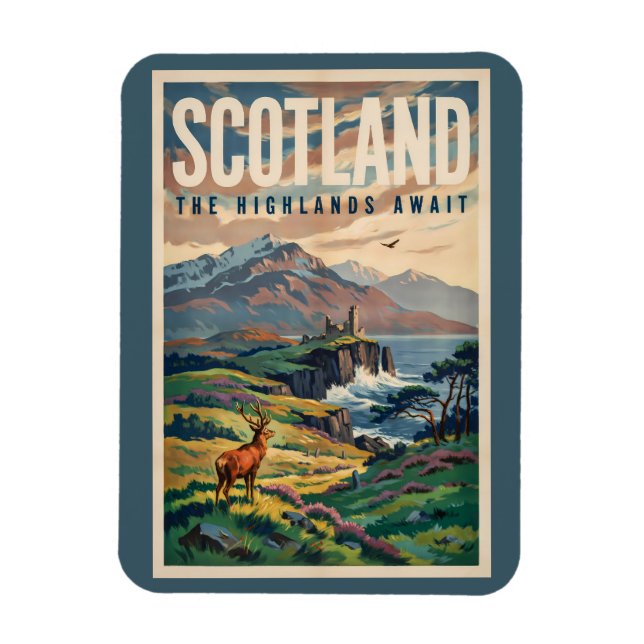 Magnet Flexible Illustration Rétro de Cerf des Highlands Écossais (Vertical)