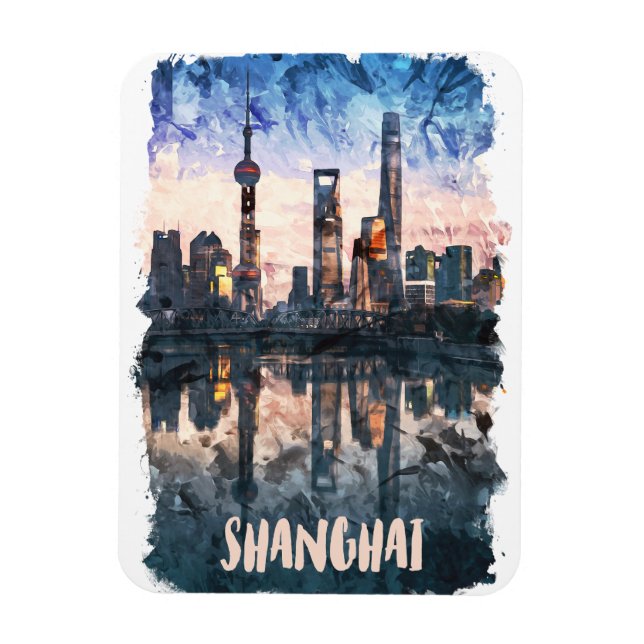 Magnet Flexible Impression d'art aquarelle de la skyline de Shangh (Vertical)
