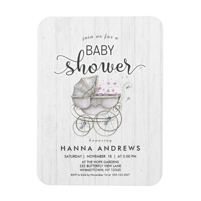 Magnet Flexible Invitation Baby shower fille en bois blanc et tran (Vertical)