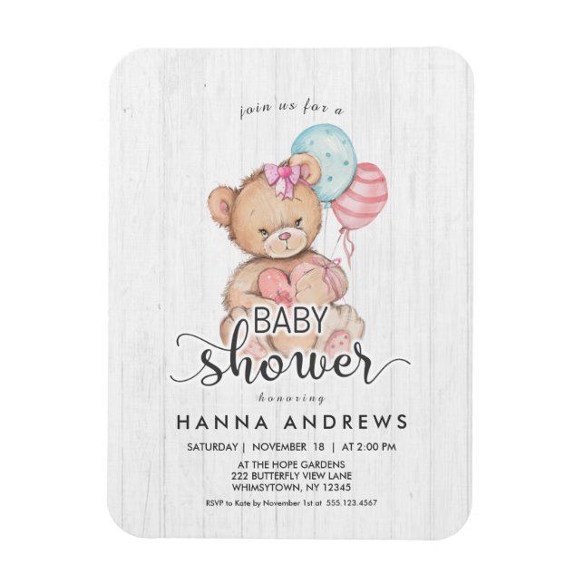 Magnet Flexible Invitation Baby shower fille ours en bois blanc (Vertical)