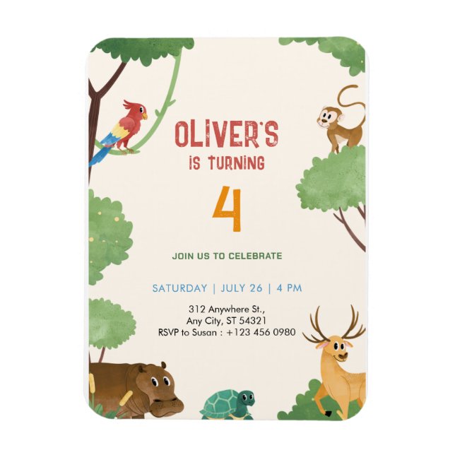 Magnet Flexible Invitation d'anniversaire 4 ans Animaux Royaume Ju (Vertical)