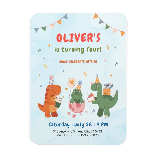 Magnet Flexible Invitation d'anniversaire 4 ans garçons dinosaure  (Vertical)