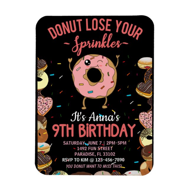 Magnet Flexible Invitation d'anniversaire 9 ans Donut Ne perds pas (Vertical)